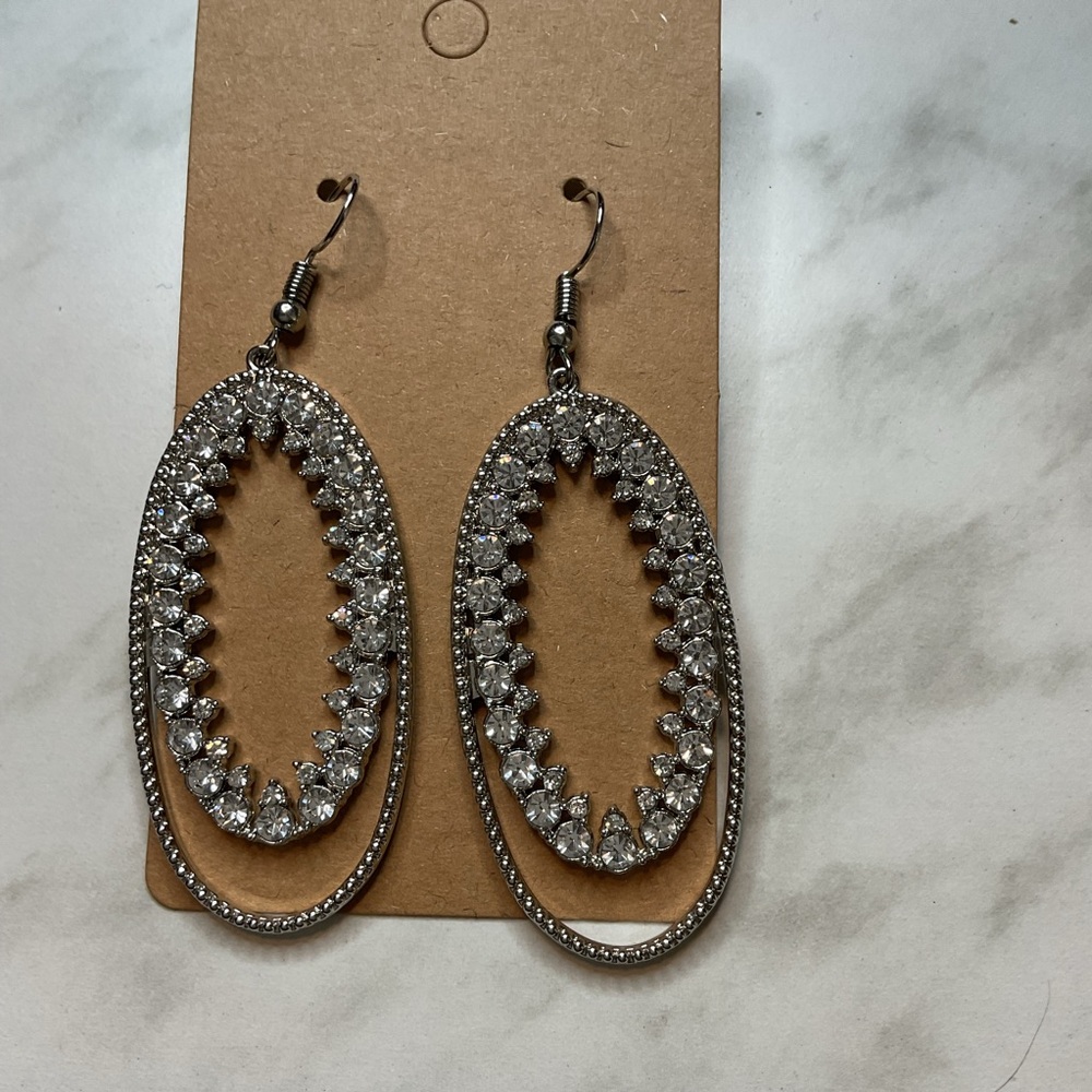 Silver Tone And White Rhinestone Earrings Oval Fashion Casual Everyday Wear